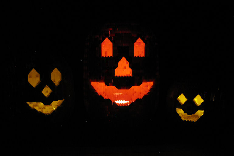 LEGO Jack O'Lanterns in a dark room